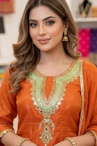 Orange silk blend embroidered trouser set