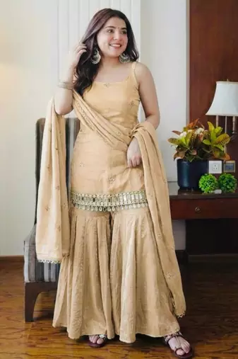 Cream silk blend embroidered sharara set
