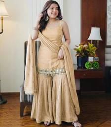 Cream silk blend embroidered sharara set