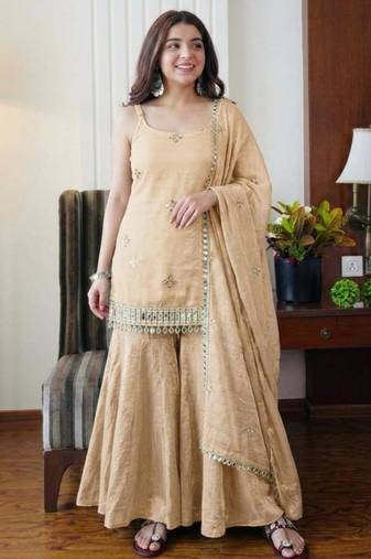 Cream silk blend embroidered sharara set