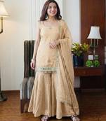 Cream silk blend embroidered sharara set
