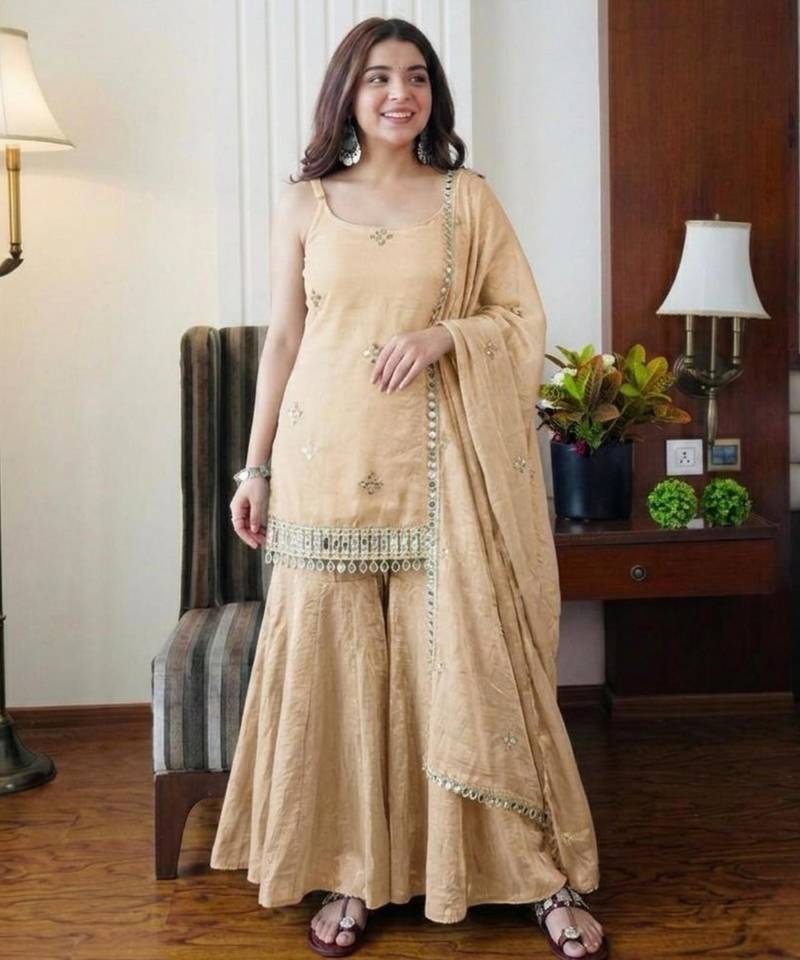 Cream silk blend embroidered sharara set