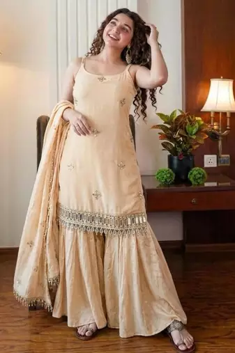 Cream silk blend embroidered sharara set