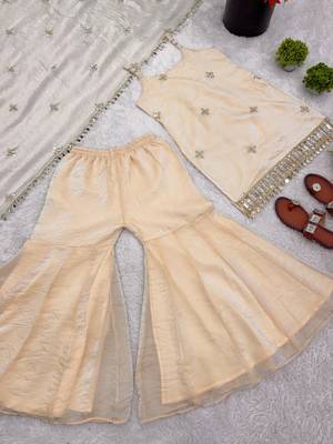 Cream silk blend embroidered sharara set 4