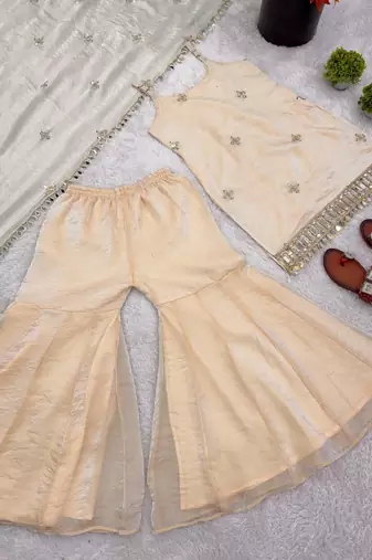 Cream silk blend embroidered sharara set