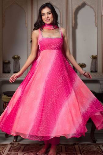 Hot pink faux georgette plain anarkali duppta palazzo