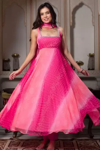 Hot pink faux georgette plain anarkali duppta palazzo