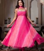 Hot pink faux georgette plain anarkali duppta palazzo