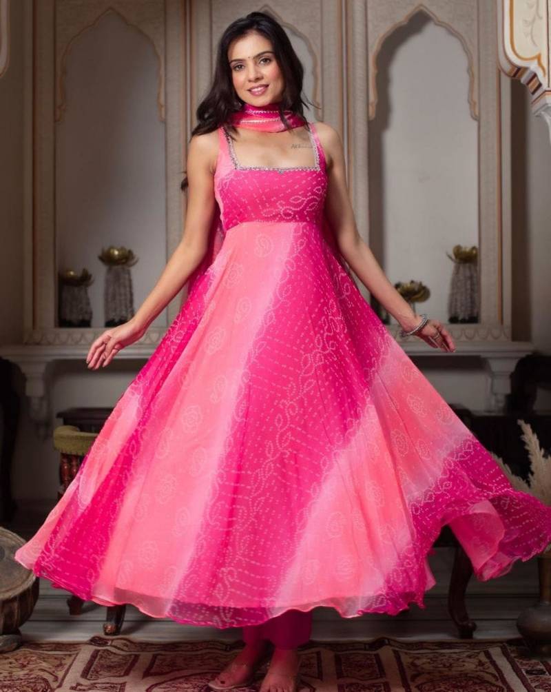 Hot pink faux georgette plain anarkali duppta palazzo