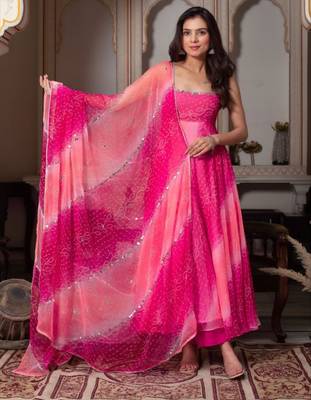 Hot pink faux georgette plain anarkali duppta palazzo 2