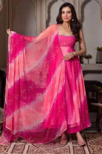 Hot pink faux georgette plain anarkali duppta palazzo