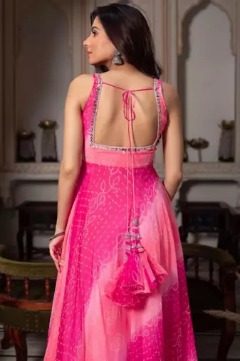 Hot pink faux georgette plain anarkali duppta palazzo