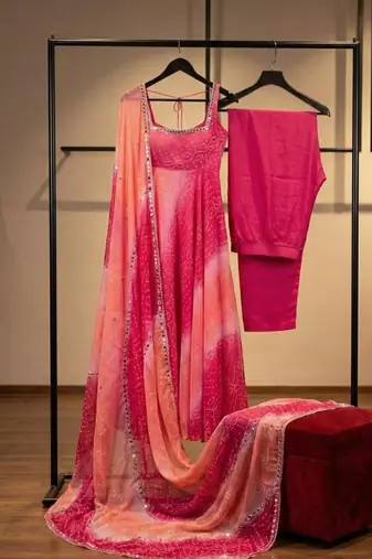 Hot pink faux georgette plain anarkali duppta palazzo