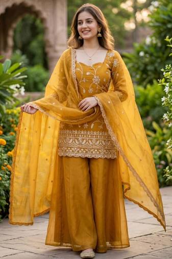Mustard silk blend embroidered palazzo set