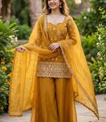 Mustard silk blend embroidered palazzo set