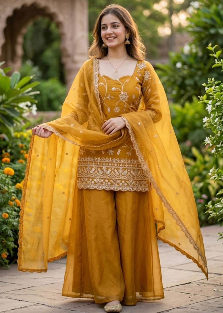 Mustard silk blend embroidered palazzo set