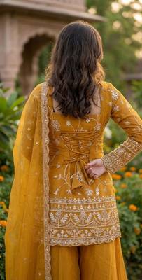 Mustard silk blend embroidered palazzo set 2