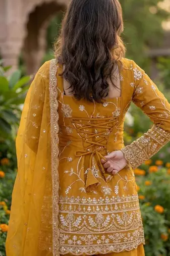 Mustard silk blend embroidered palazzo set