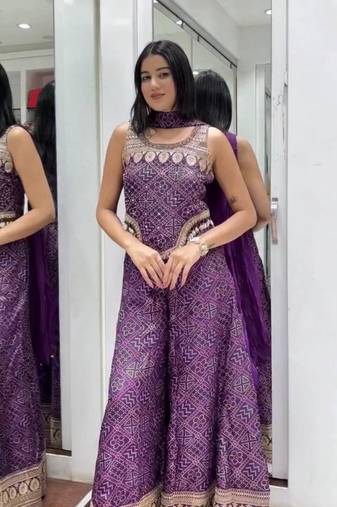 Purple faux georgette embroidered palazzo set