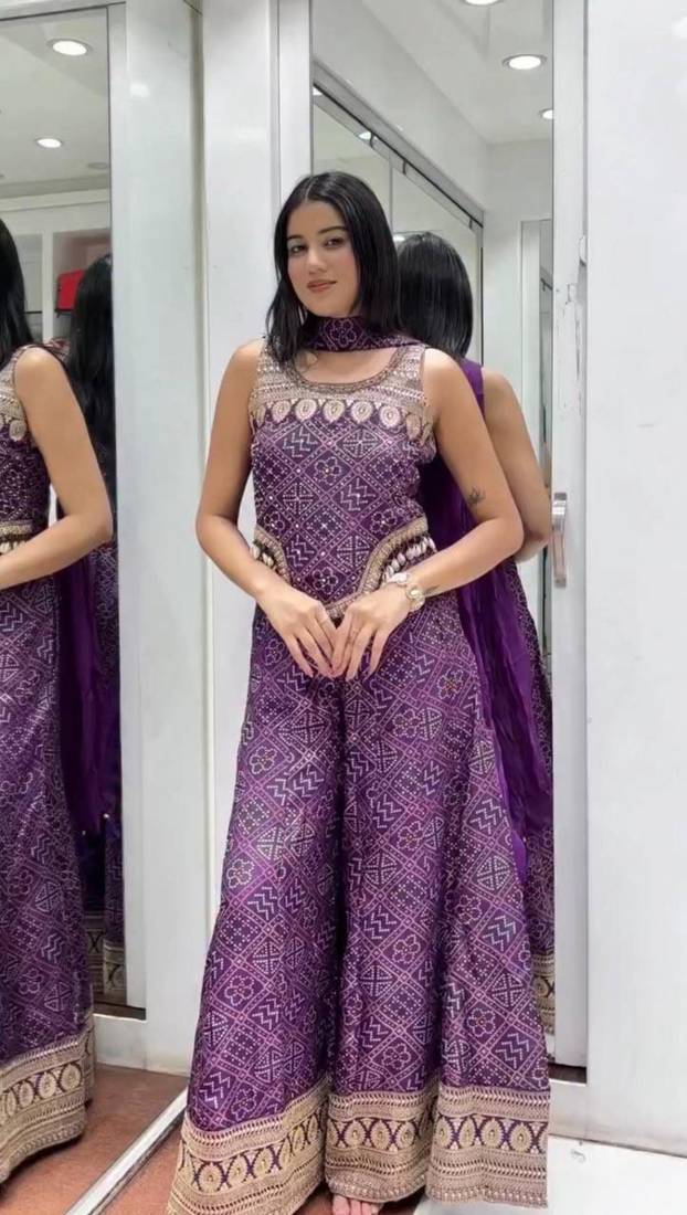 Purple faux georgette embroidered palazzo set