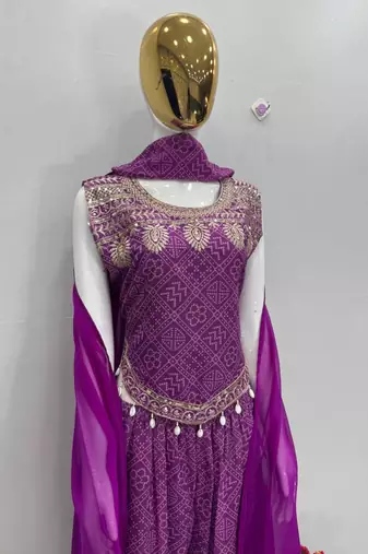 Purple faux georgette embroidered palazzo set