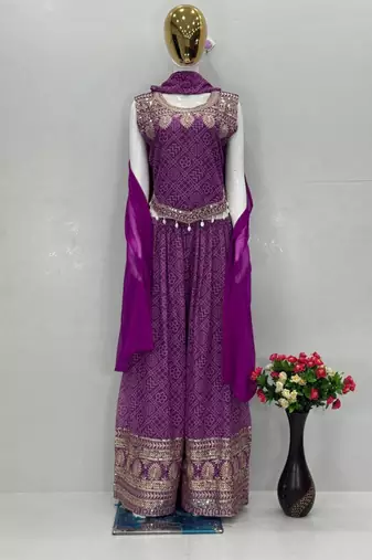 Purple faux georgette embroidered palazzo set