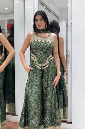 Green faux georgette embroidered palazzo set