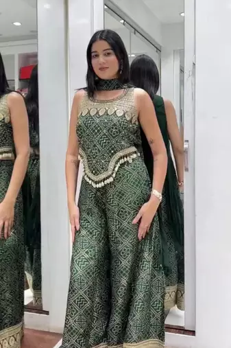 Green faux georgette embroidered palazzo set