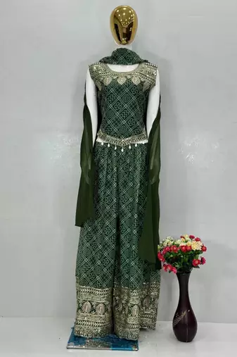 Green faux georgette embroidered palazzo set