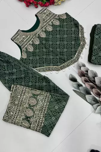 Green faux georgette embroidered palazzo set