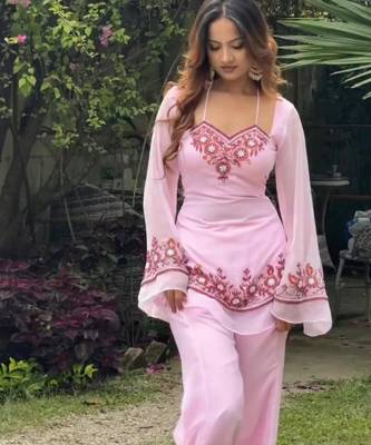 Baby pink faux georgette embroidered palazzo set 1