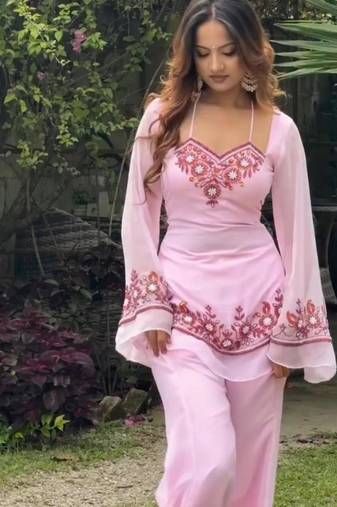 Baby pink faux georgette embroidered palazzo set