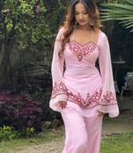 Baby pink faux georgette embroidered palazzo set
