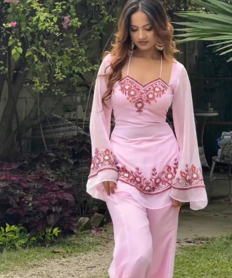 Baby pink faux georgette embroidered palazzo set