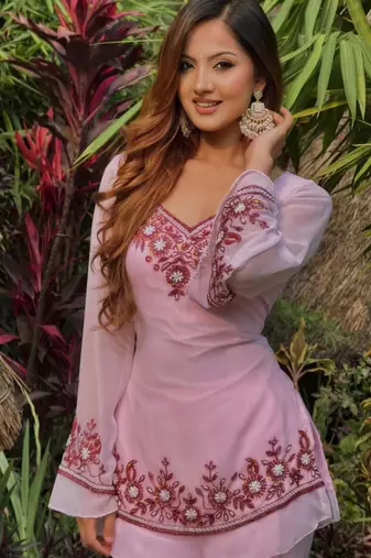 Baby pink faux georgette embroidered palazzo set
