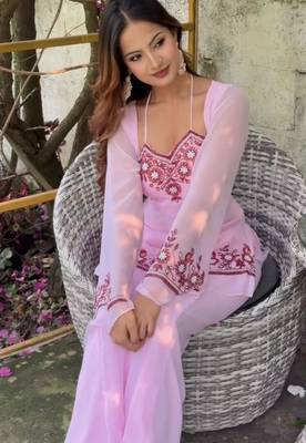Baby pink faux georgette embroidered palazzo set 3