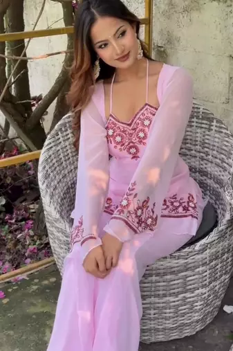 Baby pink faux georgette embroidered palazzo set