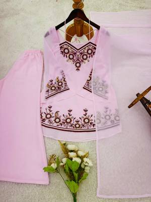 Baby pink faux georgette embroidered palazzo set 4