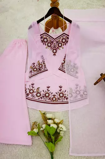 Baby pink faux georgette embroidered palazzo set