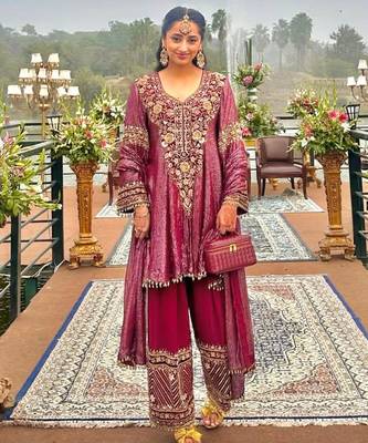 Magenta nylon embroidered farshi palazzo set 1
