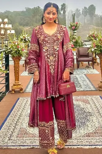 Magenta nylon embroidered farshi palazzo set