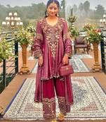Magenta nylon embroidered farshi palazzo set