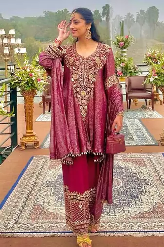 Magenta nylon embroidered farshi palazzo set