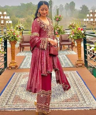 Magenta nylon embroidered farshi palazzo set 3