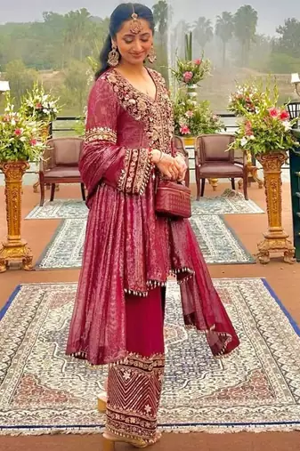 Magenta nylon embroidered farshi palazzo set