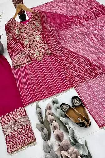 Magenta nylon embroidered farshi palazzo set