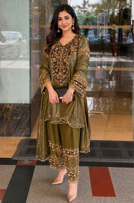 Olive nylon embroidered farshi palazzo set 1