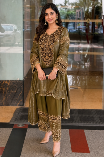 Olive nylon embroidered farshi palazzo set