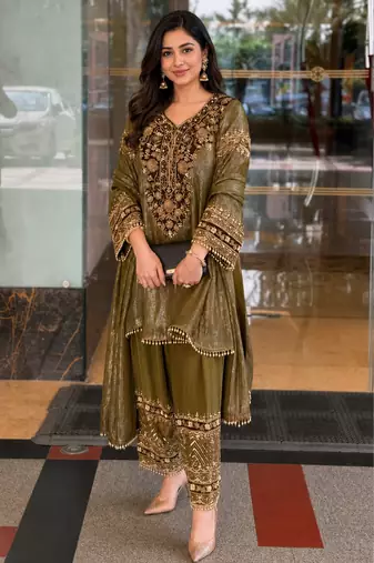 Olive nylon embroidered farshi palazzo set