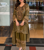 Olive nylon embroidered farshi palazzo set